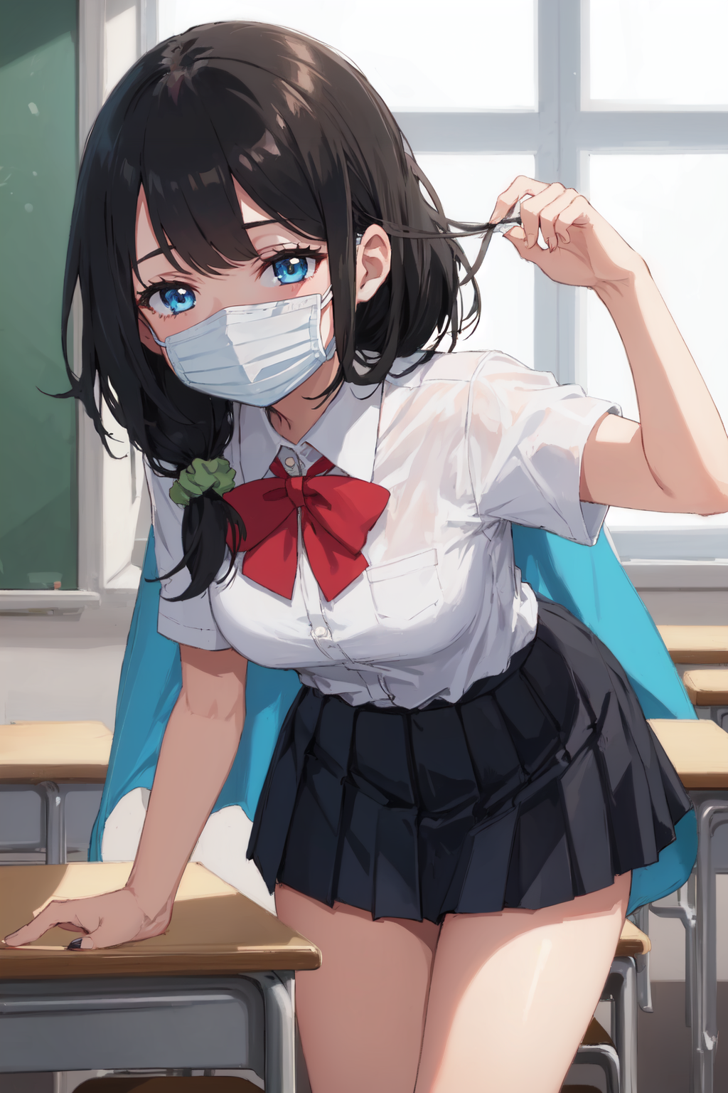 01896-3297756855-1girl, solo, long hair, black hair, hair scrunchie, low ponytail, blue eyes, mouth mask, school uniform, blue shawl, red bowtie,.png